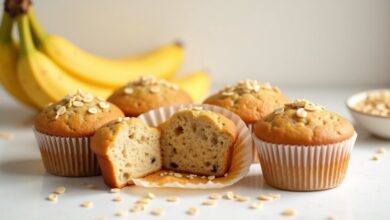 Banana oat muffins topped with rolled oats and sliced bananas on a light baking surface