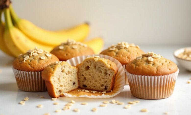 Banana oat muffins topped with rolled oats and sliced bananas on a light baking surface