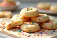 Soft vanilla birthday cake cookies with rainbow sprinkles on parchment, showing a tender center