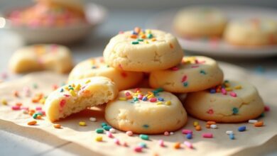 Soft vanilla birthday cake cookies with rainbow sprinkles on parchment, showing a tender center
