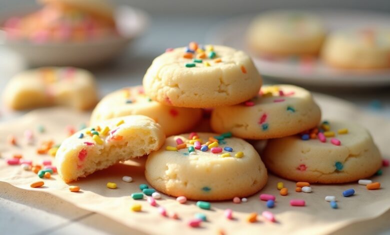 Soft vanilla birthday cake cookies with rainbow sprinkles on parchment, showing a tender center
