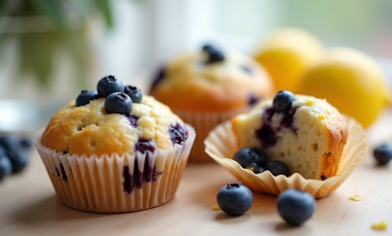 Golden blueberry lemon yogurt muffins with fresh blueberries and a halved muffin showing the crumb