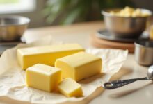 Butter sticks, measuring spoons and kitchen scale for US cup-to-gram baking conversions