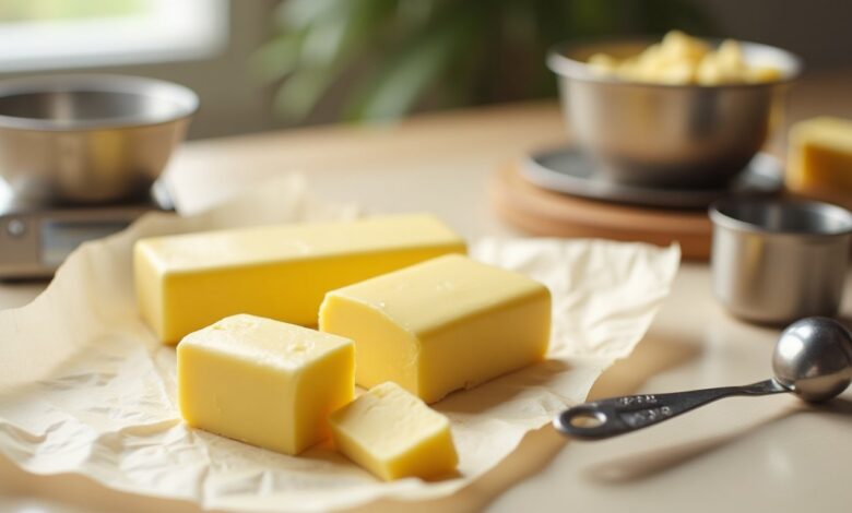 Butter sticks, measuring spoons and kitchen scale for US cup-to-gram baking conversions