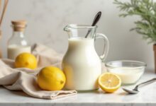 Milk in a measuring jug with lemon and white vinegar for a homemade buttermilk substitute