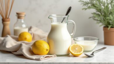 Milk in a measuring jug with lemon and white vinegar for a homemade buttermilk substitute