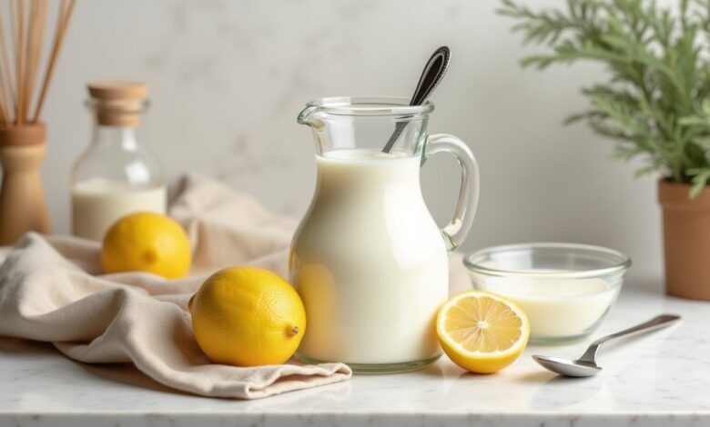 Milk in a measuring jug with lemon and white vinegar for a homemade buttermilk substitute