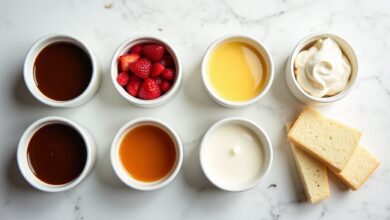 Assorted cake fillings including strawberry compote chocolate ganache vanilla pastry cream lemon curd and caramel