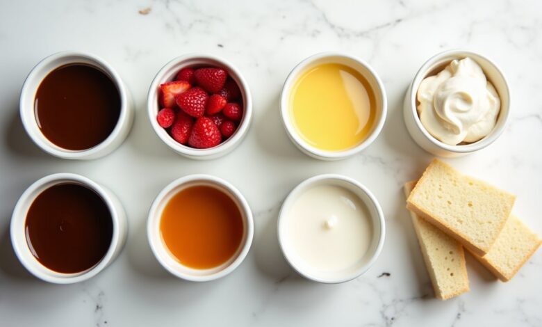 Assorted cake fillings including strawberry compote chocolate ganache vanilla pastry cream lemon curd and caramel