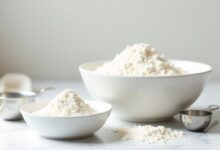 Homemade cake flour alternative ingredients with wheat flour, cornstarch, measuring spoons and a sieve
