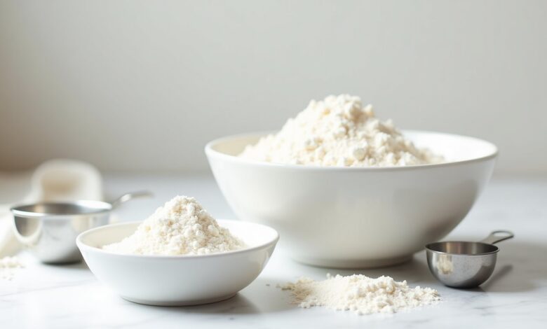 Homemade cake flour alternative ingredients with wheat flour, cornstarch, measuring spoons and a sieve