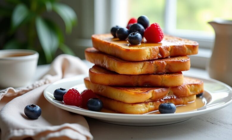 Golden slices of challah bread French toast topped with fresh berries on a white plate