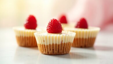 Mini baked cheesecake cupcakes with buttery graham cracker crust and berry topping