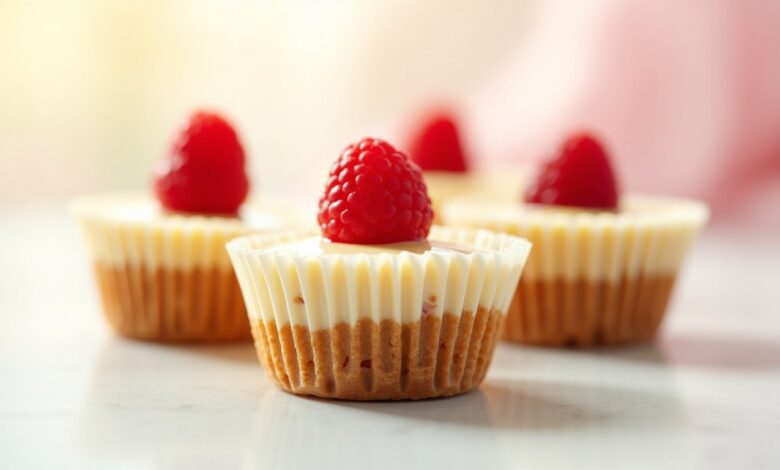 Mini baked cheesecake cupcakes with buttery graham cracker crust and berry topping