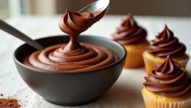 Bowl of creamy chocolate buttercream frosting beside vanilla cupcakes topped with cocoa frosting swirls