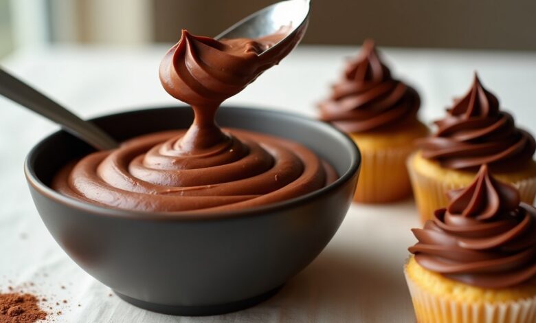 Bowl of creamy chocolate buttercream frosting beside vanilla cupcakes topped with cocoa frosting swirls