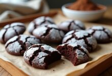 Chocolate crinkle cookies coated with powdered sugar, showing dramatic cracked tops and a soft chocolate center