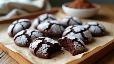 Chocolate crinkle cookies coated with powdered sugar, showing dramatic cracked tops and a soft chocolate center