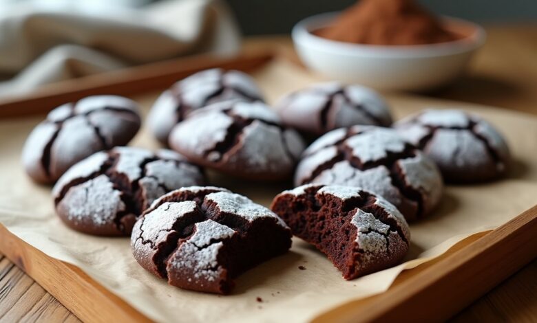 Chocolate crinkle cookies coated with powdered sugar, showing dramatic cracked tops and a soft chocolate center