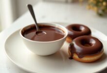 Smooth homemade chocolate glaze in a bowl beside two glazed donuts