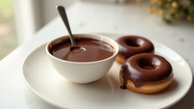 Smooth homemade chocolate glaze in a bowl beside two glazed donuts