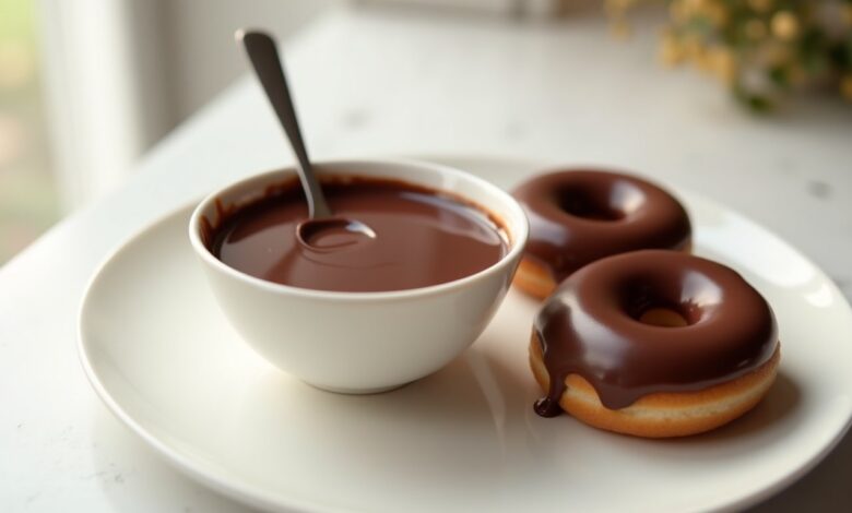 Smooth homemade chocolate glaze in a bowl beside two glazed donuts