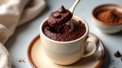 Chocolate cocoa mug cake in a ceramic mug with a spoon showing soft moist crumb