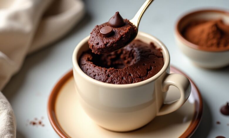 Chocolate cocoa mug cake in a ceramic mug with a spoon showing soft moist crumb