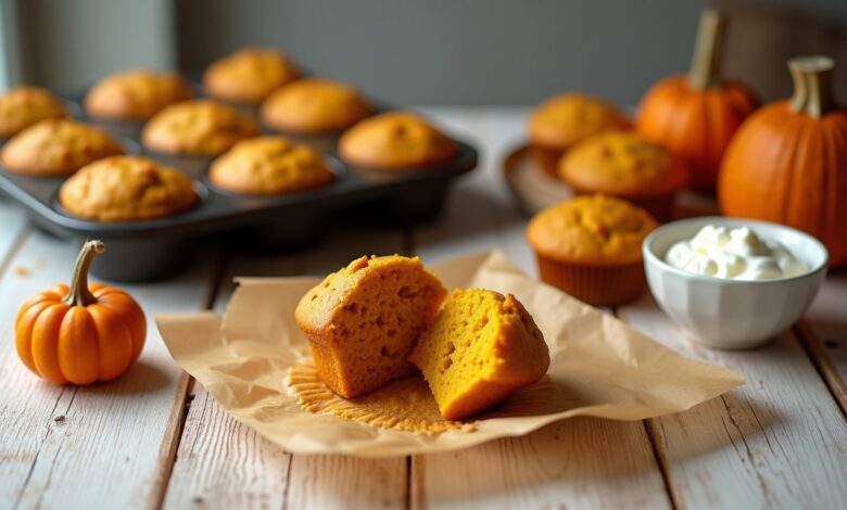 Golden cottage cheese pumpkin muffins in a baking pan with a split muffin showing the soft orange crumb
