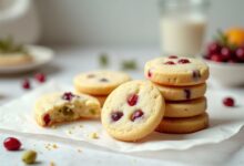 Holiday cranberry pistachio shortbread cookies with red dried cranberries and green pistachios on parchment