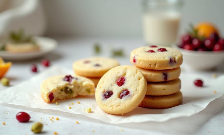 Holiday cranberry pistachio shortbread cookies with red dried cranberries and green pistachios on parchment