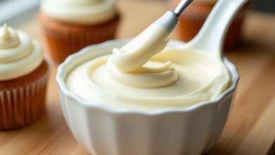 Bowl of smooth cream cheese icing with a spatula and frosted cupcakes on a light wooden table