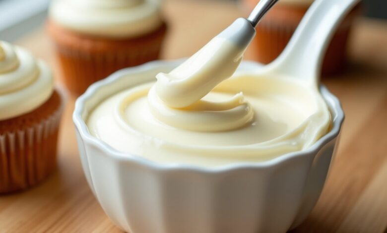 Bowl of smooth cream cheese icing with a spatula and frosted cupcakes on a light wooden table