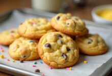 Soft golden cake mix cookies with chocolate chips and colorful sprinkles on parchment