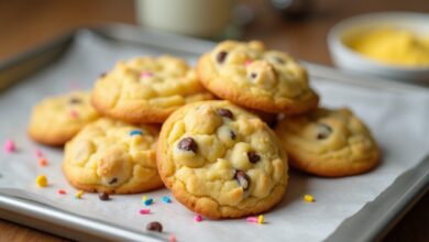 Soft golden cake mix cookies with chocolate chips and colorful sprinkles on parchment