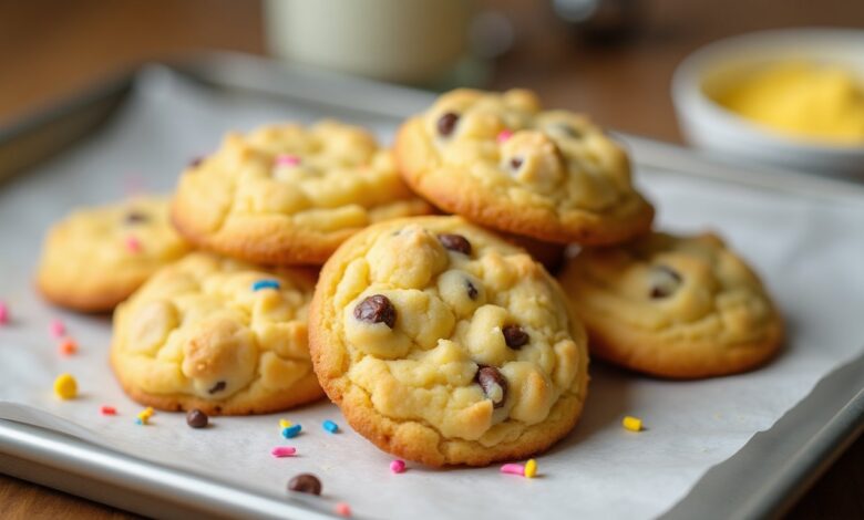 Soft golden cake mix cookies with chocolate chips and colorful sprinkles on parchment