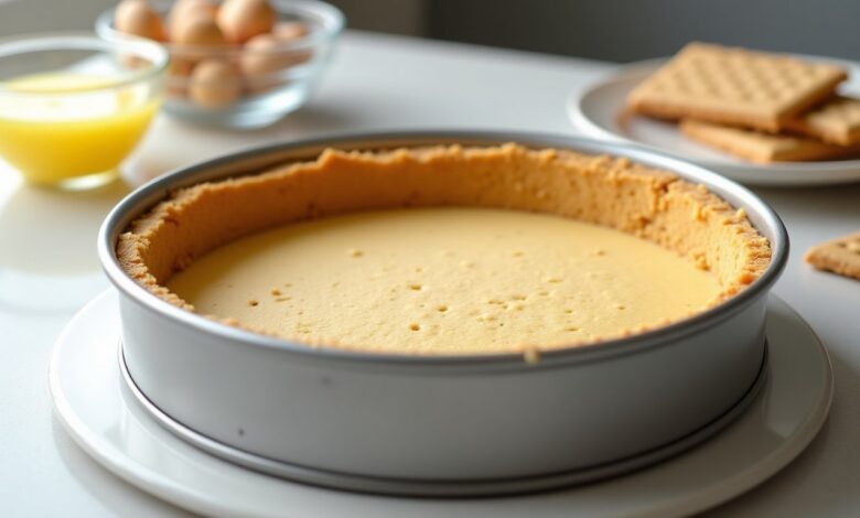 Golden graham cracker crumb crust pressed into a 9-inch springform pan, ready for cheesecake filling