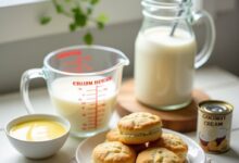 Heavy cream substitutes for baking: whole milk, melted butter, coconut cream and a plate of cream scones on a wooden table