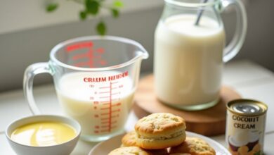 Heavy cream substitutes for baking: whole milk, melted butter, coconut cream and a plate of cream scones on a wooden table