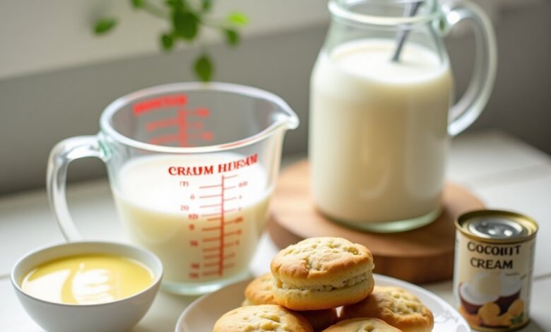 Heavy cream substitutes for baking: whole milk, melted butter, coconut cream and a plate of cream scones on a wooden table