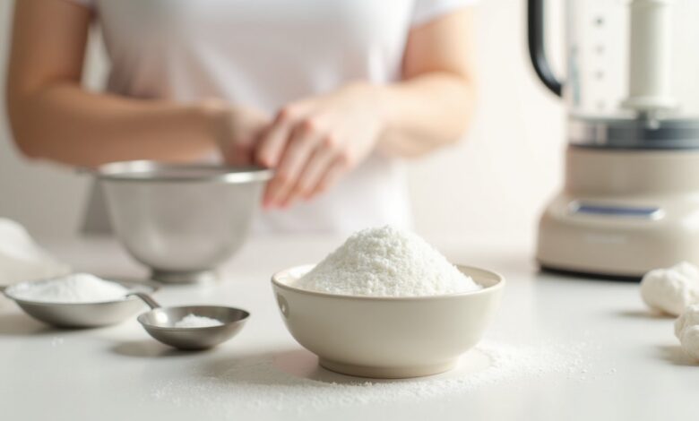 Homemade powdered sugar in a bowl with sugar, a blender, and a fine-mesh sieve