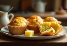 Six golden homemade corn muffins with a tender yellow crumb
