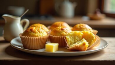 Six golden homemade corn muffins with a tender yellow crumb