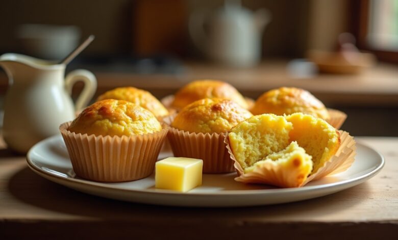 Six golden homemade corn muffins with a tender yellow crumb