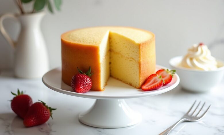 Light golden homemade sponge cake with a slice cut showing its fluffy airy crumb