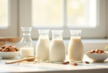 Glass pitchers of soy milk, oat milk and almond milk with measuring tools for baking milk substitutes