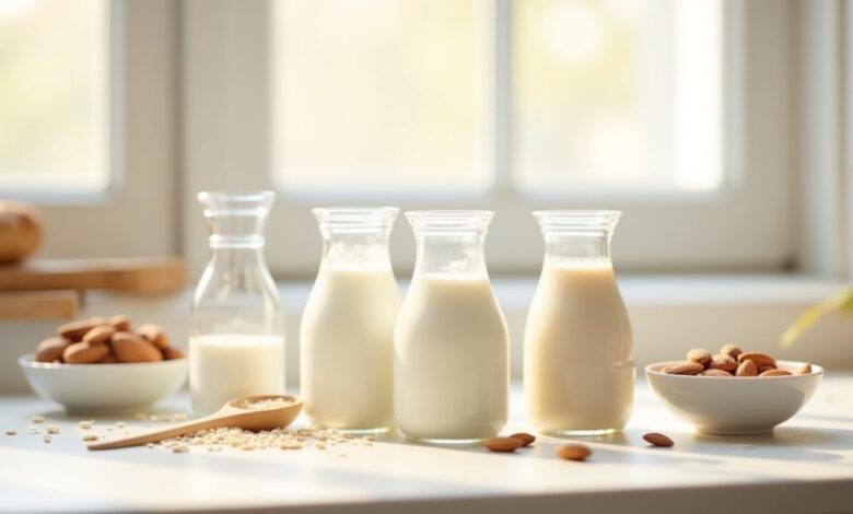 Glass pitchers of soy milk, oat milk and almond milk with measuring tools for baking milk substitutes