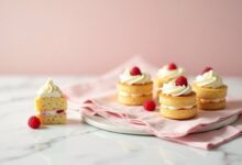 Four individual mini vanilla layer cakes with delicate buttercream and berries