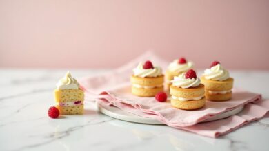 Four individual mini vanilla layer cakes with delicate buttercream and berries