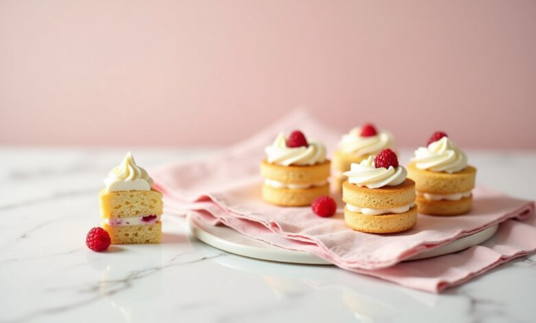 Four individual mini vanilla layer cakes with delicate buttercream and berries